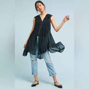 ANTHROPOLOGIE Akemi + Kim Sheer Tunic Black Top |‎ Small